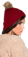 Trendy Knitted Muts met Fake Fur Pom Pom in Bordeaux
